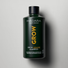 Grow Volume šampūns 250ml, Madara – šampūns ar kofeīnu, cinku un gailenes biopolimēriem, kas attīra galvas ādu un veicina matu augšanu.