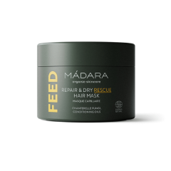 FEED Repair & Dry Rescue barojoša matu maska 180ml, Madara – dziļi barojoša un mitrinoša maska ar gailenes biopolimēriem, mikrokeratīnu un dabīgajiem eļļu kompleksiem, kas atjauno matus un aizsargā pret karstumu un krāsas izbalošanu.